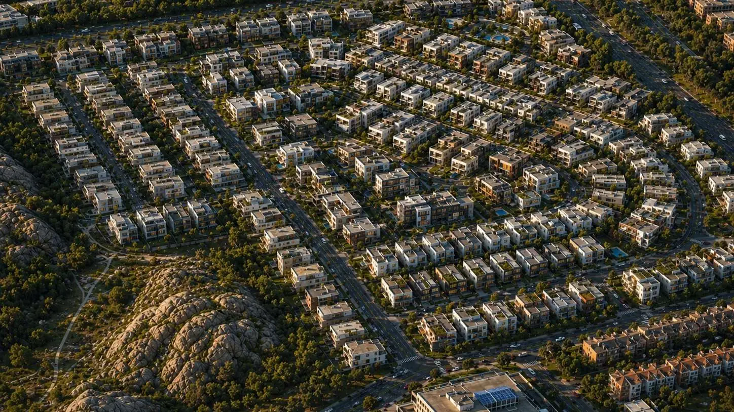 Burun A — aerial over the plot grid and granite outcrops